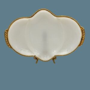 Fire King Anchor Hocking Milk Glass & Gold Divided Serving Plate Midcentury Vtg